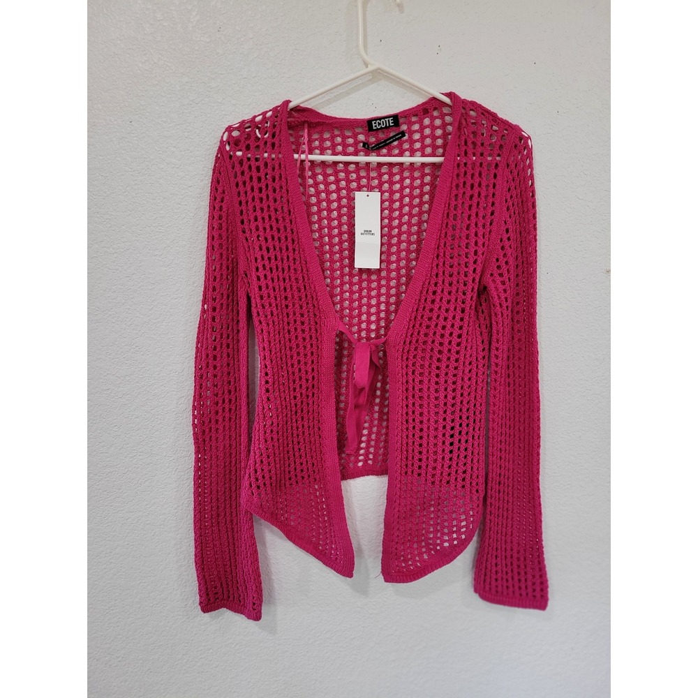 Ecote Urban Outfitters Crochet Cardigan Tie Front Open Knit Hot Pink‎ S #20